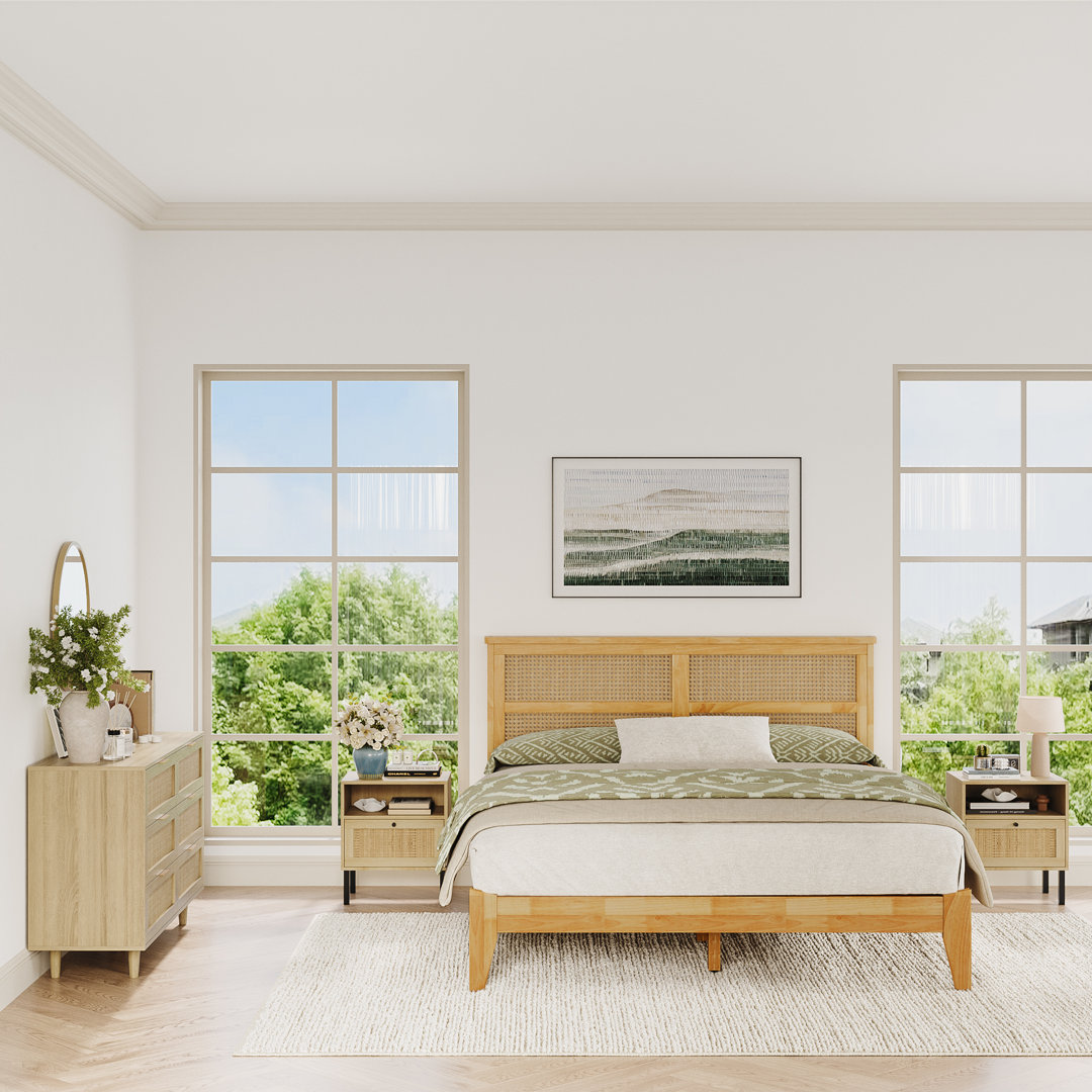 Aimara Rattan Nightstand Set 2, Bedside Table with Open Shelf and Door, Boho End Table